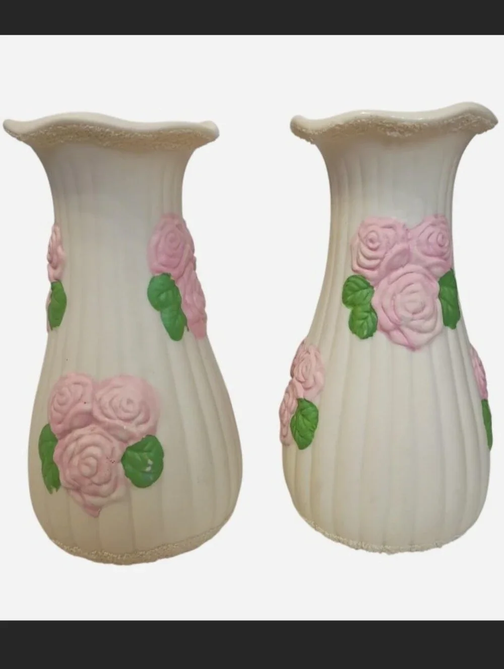 Vintage Set Of 2 Cream Colored Ceramic Vases W/ 3D Pink Rose Accents - Picture 8 of 8